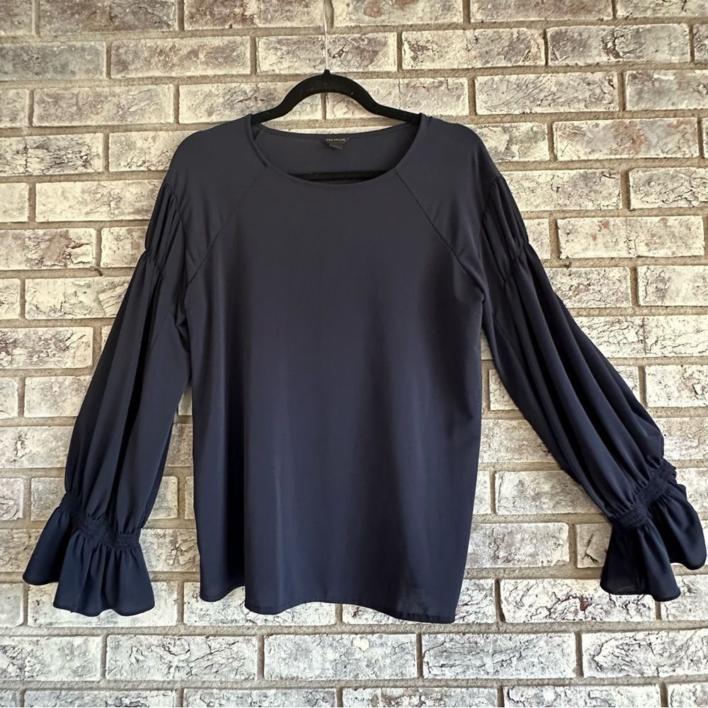 Ann Taylor | Navy Blue Bell Sleeve Top - Size S